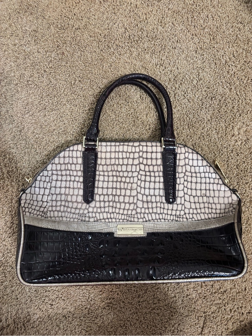 Brahmin Two-Tone Croc-Embossed Satchel in Cream & Dark Brown